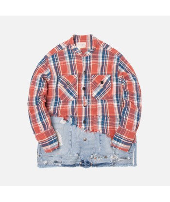 Greg Lauren 50/50 Plaid Denim Boxy Studio Shirt - Red est présent 